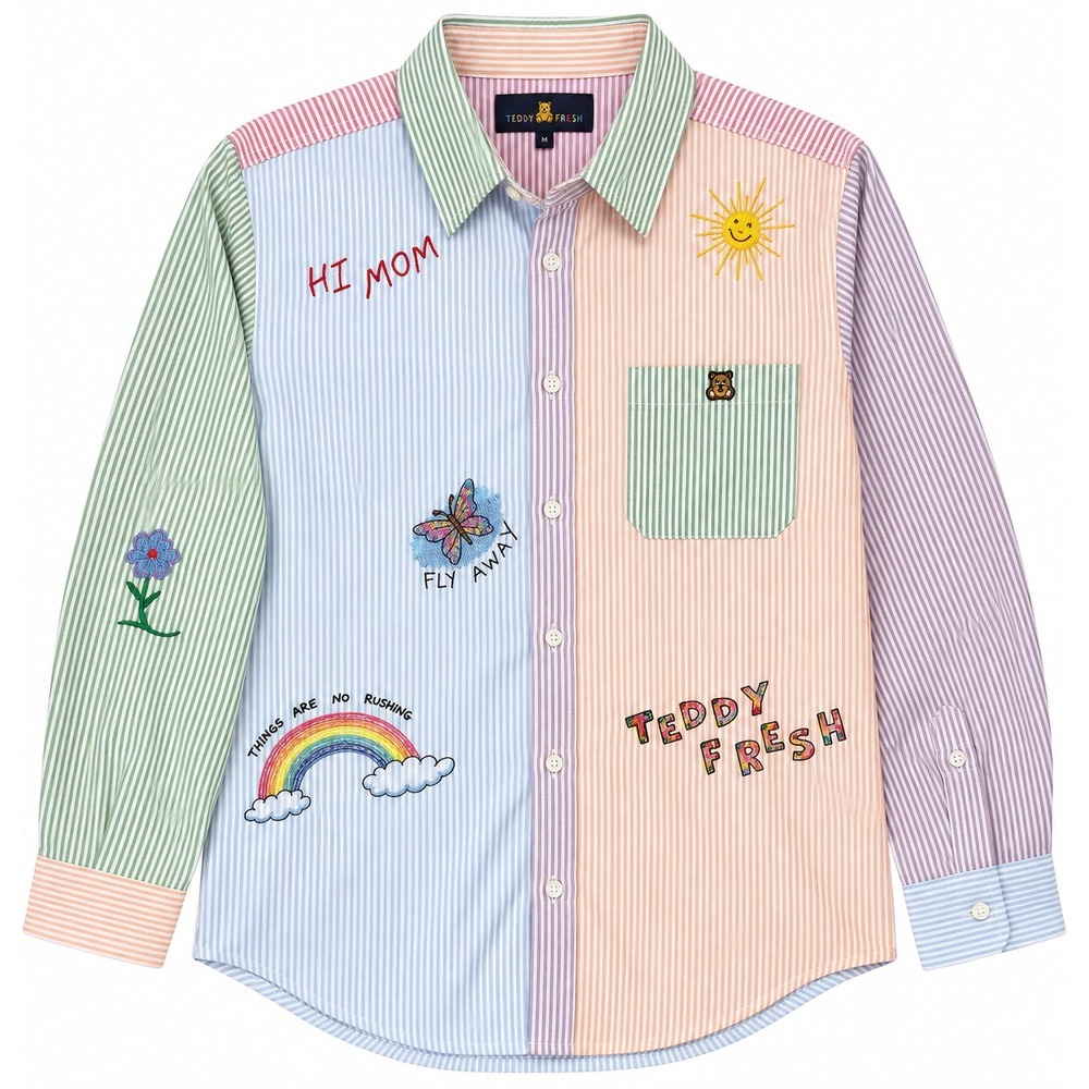 Teddy Fresh Mens Colorblock Striped Embroidered Button Down Shirt Large NWT